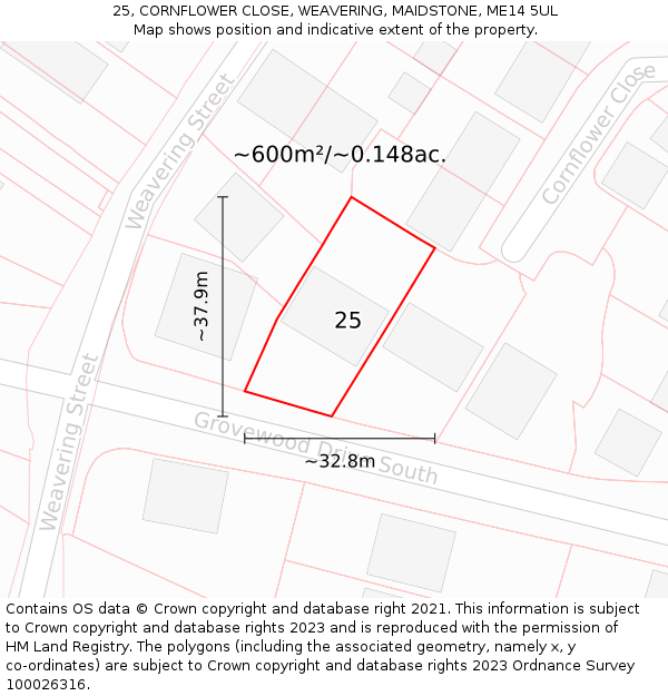 25, CORNFLOWER CLOSE, WEAVERING, MAIDSTONE, ME14 5UL: Plot and title map