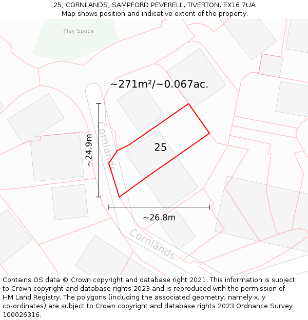 25, CORNLANDS, SAMPFORD PEVERELL, TIVERTON, EX16 7UA: Plot and title map