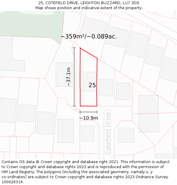 25, COTEFIELD DRIVE, LEIGHTON BUZZARD, LU7 3DS: Plot and title map