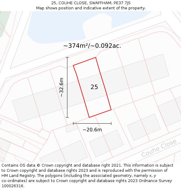 25, COUHE CLOSE, SWAFFHAM, PE37 7JS: Plot and title map