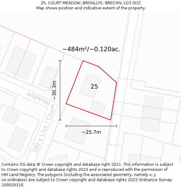 25, COURT MEADOW, BRONLLYS, BRECON, LD3 0DZ: Plot and title map
