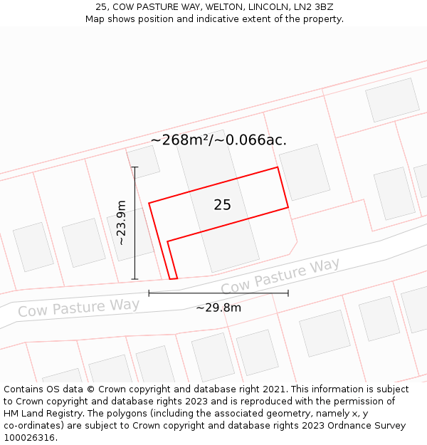 25, COW PASTURE WAY, WELTON, LINCOLN, LN2 3BZ: Plot and title map