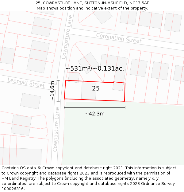 25, COWPASTURE LANE, SUTTON-IN-ASHFIELD, NG17 5AF: Plot and title map