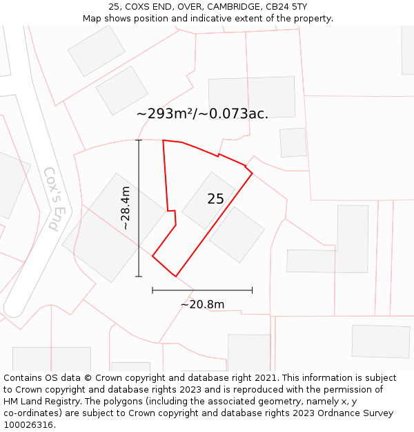 25, COXS END, OVER, CAMBRIDGE, CB24 5TY: Plot and title map