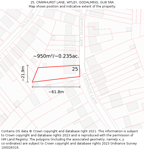 25, CRAMHURST LANE, WITLEY, GODALMING, GU8 5RA: Plot and title map