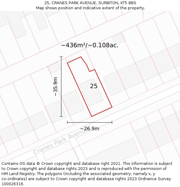 25, CRANES PARK AVENUE, SURBITON, KT5 8BS: Plot and title map