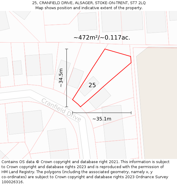 25, CRANFIELD DRIVE, ALSAGER, STOKE-ON-TRENT, ST7 2LQ: Plot and title map