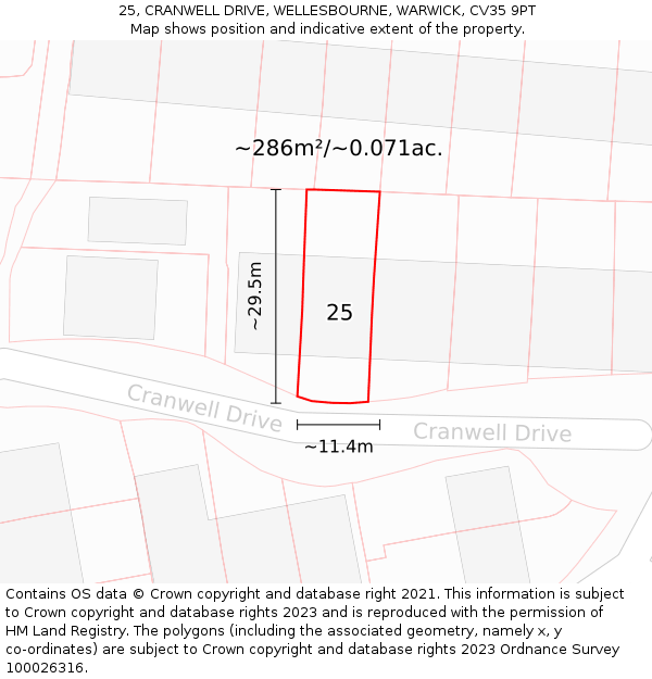 25, CRANWELL DRIVE, WELLESBOURNE, WARWICK, CV35 9PT: Plot and title map