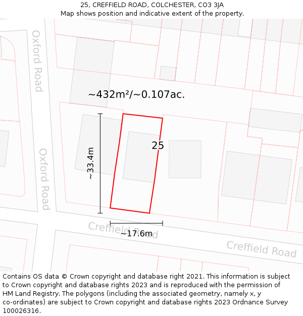 25, CREFFIELD ROAD, COLCHESTER, CO3 3JA: Plot and title map