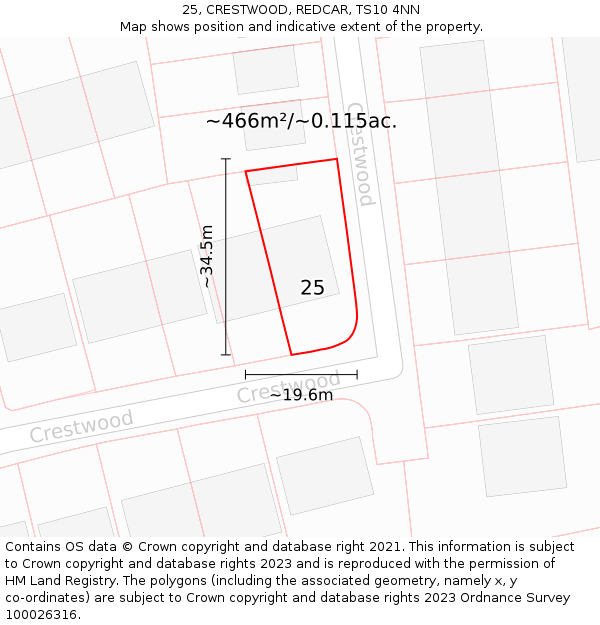 25, CRESTWOOD, REDCAR, TS10 4NN: Plot and title map