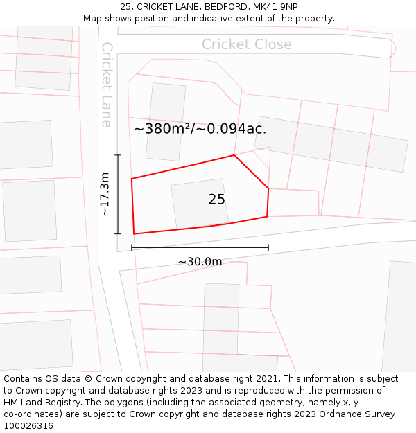 25, CRICKET LANE, BEDFORD, MK41 9NP: Plot and title map