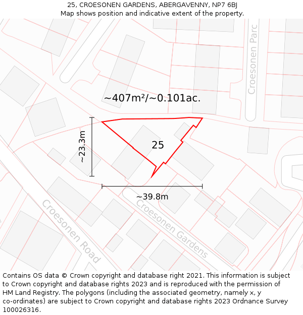 25, CROESONEN GARDENS, ABERGAVENNY, NP7 6BJ: Plot and title map