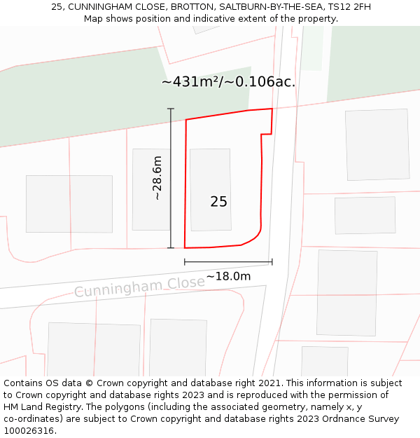 25, CUNNINGHAM CLOSE, BROTTON, SALTBURN-BY-THE-SEA, TS12 2FH: Plot and title map