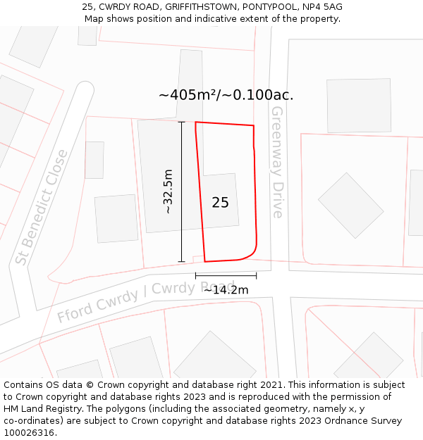 25, CWRDY ROAD, GRIFFITHSTOWN, PONTYPOOL, NP4 5AG: Plot and title map