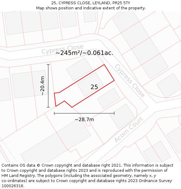 25, CYPRESS CLOSE, LEYLAND, PR25 5TY: Plot and title map