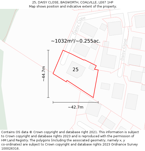 25, DAISY CLOSE, BAGWORTH, COALVILLE, LE67 1HP: Plot and title map