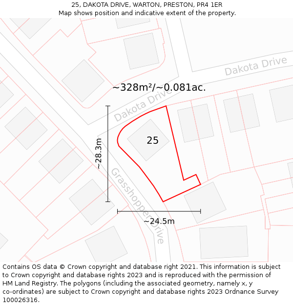 25, DAKOTA DRIVE, WARTON, PRESTON, PR4 1ER: Plot and title map