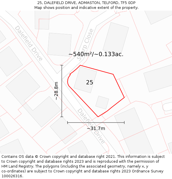 25, DALEFIELD DRIVE, ADMASTON, TELFORD, TF5 0DP: Plot and title map