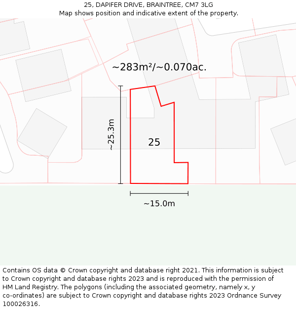 25, DAPIFER DRIVE, BRAINTREE, CM7 3LG: Plot and title map