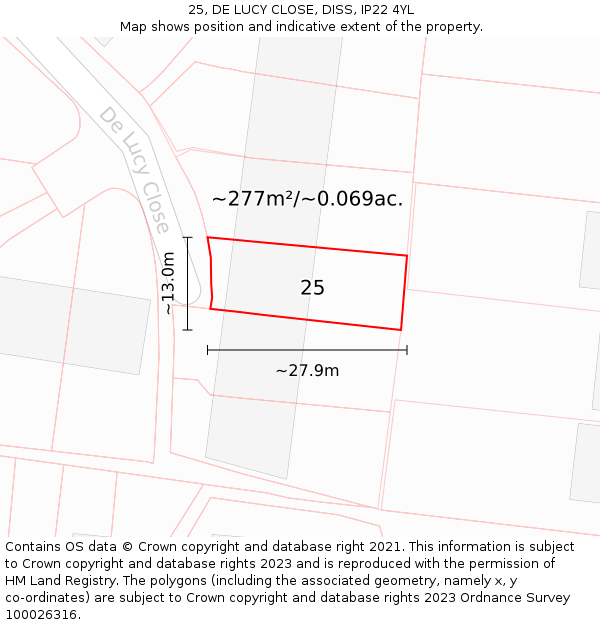 25, DE LUCY CLOSE, DISS, IP22 4YL: Plot and title map