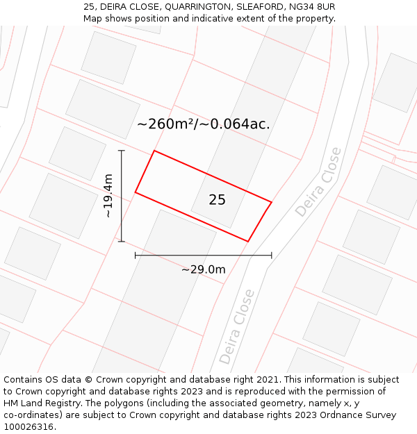 25, DEIRA CLOSE, QUARRINGTON, SLEAFORD, NG34 8UR: Plot and title map