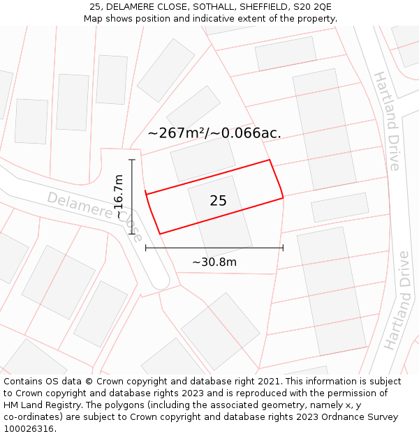 25, DELAMERE CLOSE, SOTHALL, SHEFFIELD, S20 2QE: Plot and title map