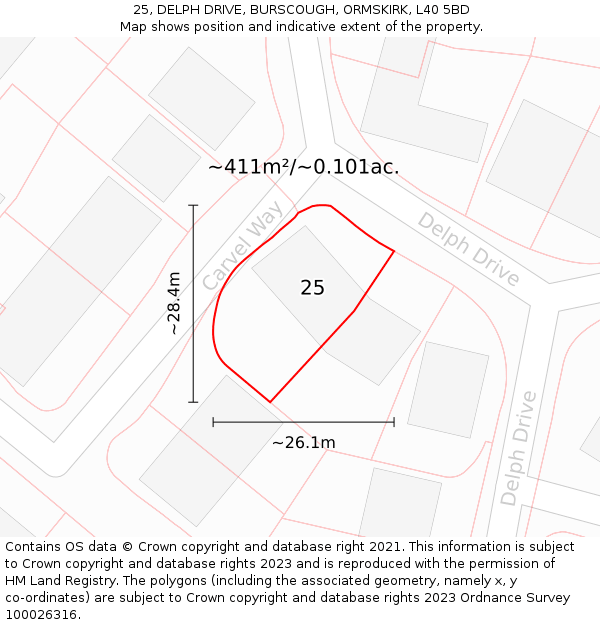 25, DELPH DRIVE, BURSCOUGH, ORMSKIRK, L40 5BD: Plot and title map