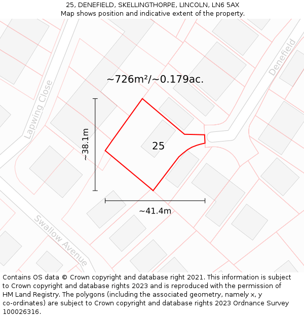 25, DENEFIELD, SKELLINGTHORPE, LINCOLN, LN6 5AX: Plot and title map