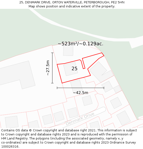 25, DENMARK DRIVE, ORTON WATERVILLE, PETERBOROUGH, PE2 5HN: Plot and title map