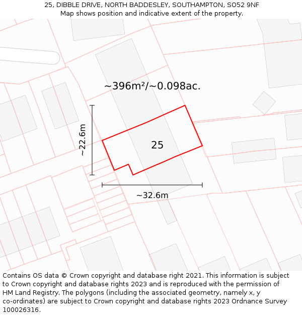 25, DIBBLE DRIVE, NORTH BADDESLEY, SOUTHAMPTON, SO52 9NF: Plot and title map
