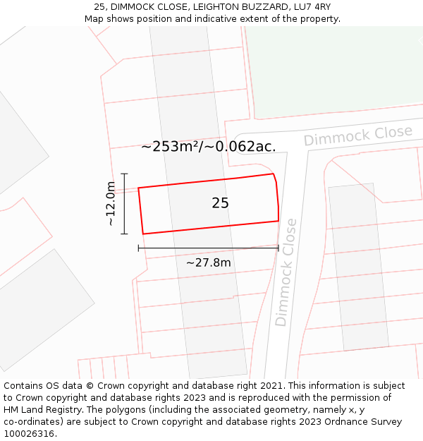 25, DIMMOCK CLOSE, LEIGHTON BUZZARD, LU7 4RY: Plot and title map