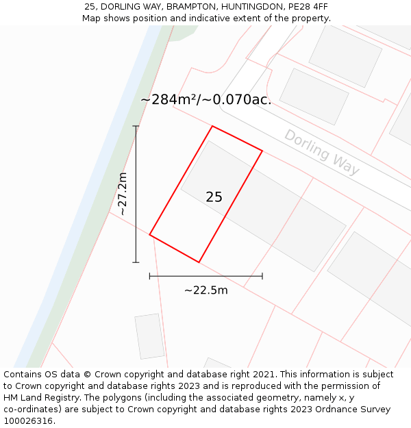 25, DORLING WAY, BRAMPTON, HUNTINGDON, PE28 4FF: Plot and title map