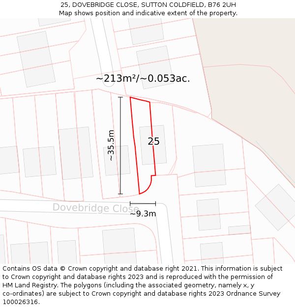 25, DOVEBRIDGE CLOSE, SUTTON COLDFIELD, B76 2UH: Plot and title map