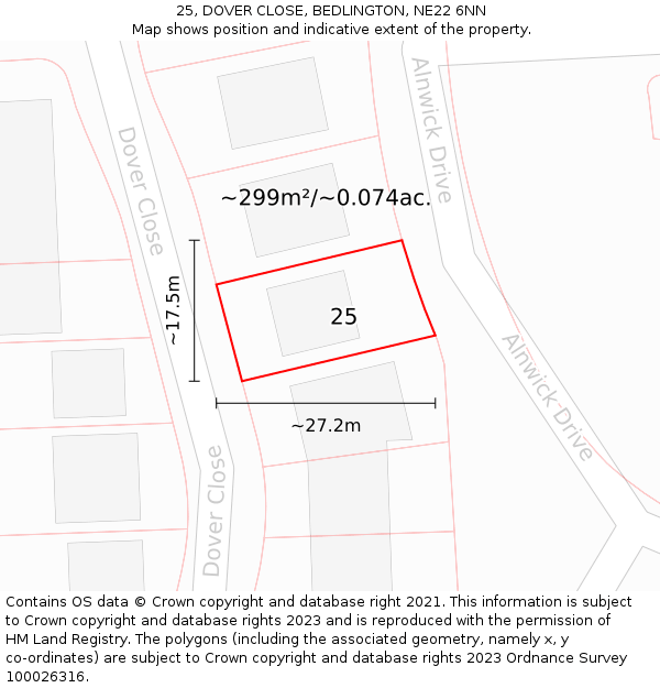 25, DOVER CLOSE, BEDLINGTON, NE22 6NN: Plot and title map