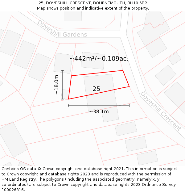 25, DOVESHILL CRESCENT, BOURNEMOUTH, BH10 5BP: Plot and title map