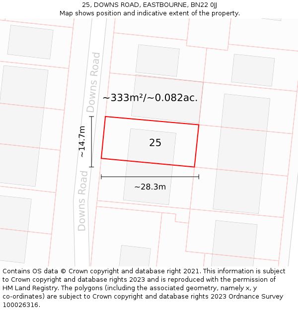 25, DOWNS ROAD, EASTBOURNE, BN22 0JJ: Plot and title map