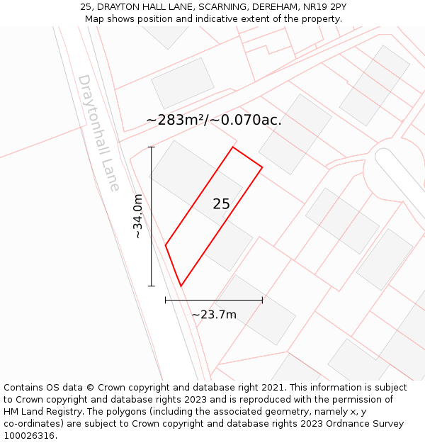 25, DRAYTON HALL LANE, SCARNING, DEREHAM, NR19 2PY: Plot and title map