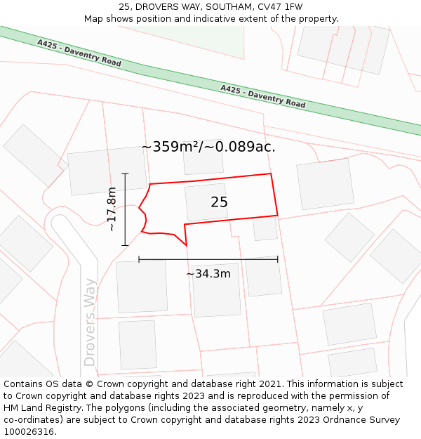 25, DROVERS WAY, SOUTHAM, CV47 1FW: Plot and title map