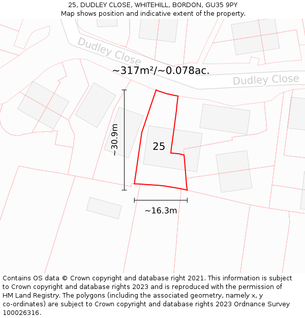 25, DUDLEY CLOSE, WHITEHILL, BORDON, GU35 9PY: Plot and title map