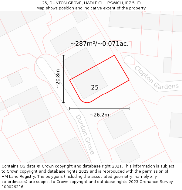 25, DUNTON GROVE, HADLEIGH, IPSWICH, IP7 5HD: Plot and title map