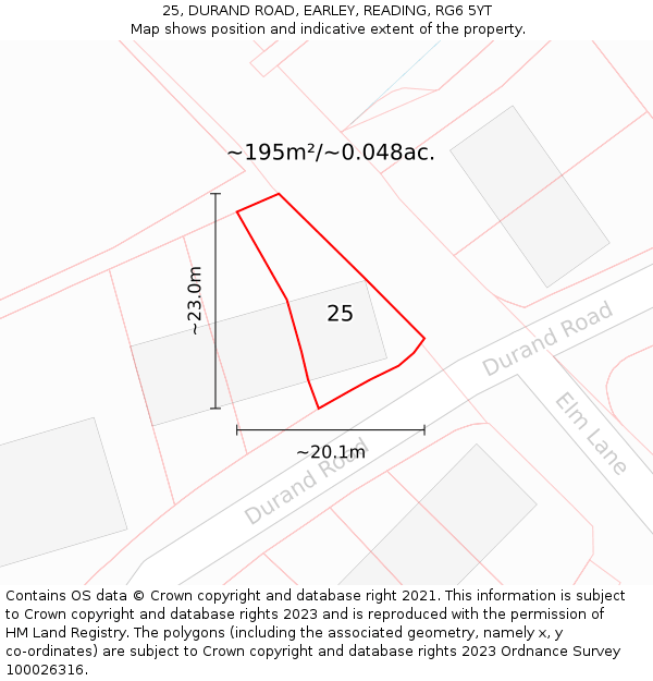 25, DURAND ROAD, EARLEY, READING, RG6 5YT: Plot and title map