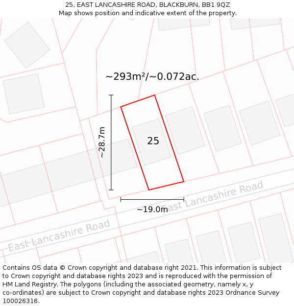 25, EAST LANCASHIRE ROAD, BLACKBURN, BB1 9QZ: Plot and title map