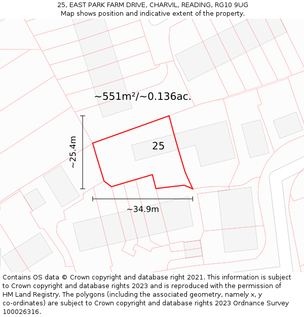25, EAST PARK FARM DRIVE, CHARVIL, READING, RG10 9UG: Plot and title map