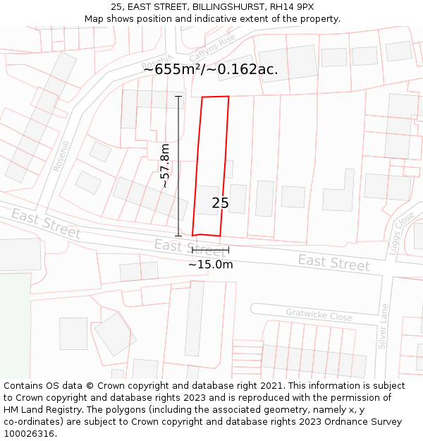 25, EAST STREET, BILLINGSHURST, RH14 9PX: Plot and title map