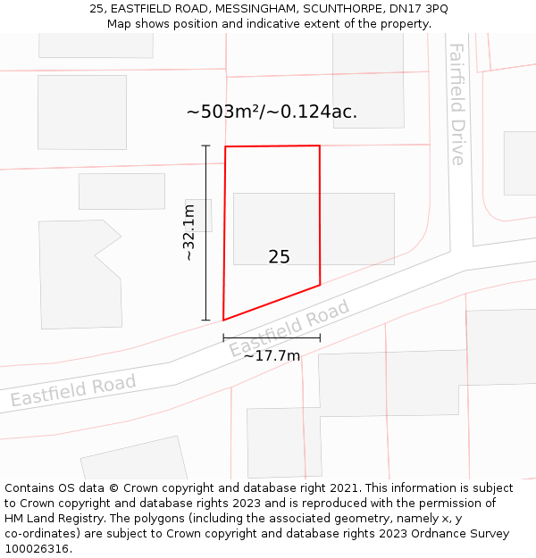 25, EASTFIELD ROAD, MESSINGHAM, SCUNTHORPE, DN17 3PQ: Plot and title map