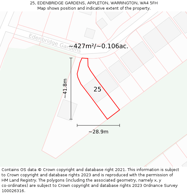 25, EDENBRIDGE GARDENS, APPLETON, WARRINGTON, WA4 5FH: Plot and title map