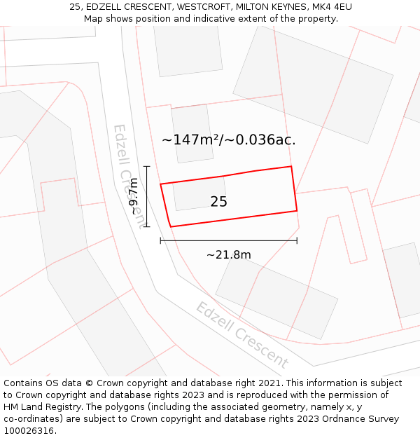 25, EDZELL CRESCENT, WESTCROFT, MILTON KEYNES, MK4 4EU: Plot and title map