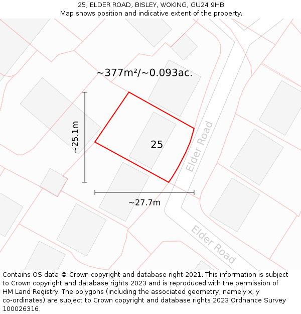 25, ELDER ROAD, BISLEY, WOKING, GU24 9HB: Plot and title map