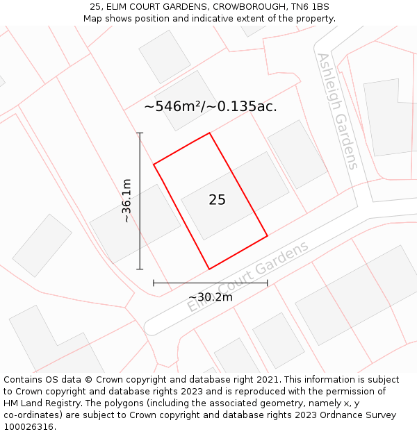 25, ELIM COURT GARDENS, CROWBOROUGH, TN6 1BS: Plot and title map