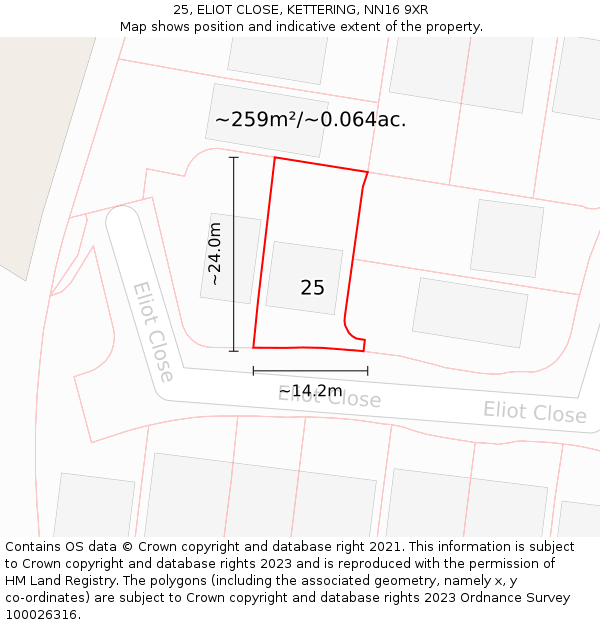 25, ELIOT CLOSE, KETTERING, NN16 9XR: Plot and title map
